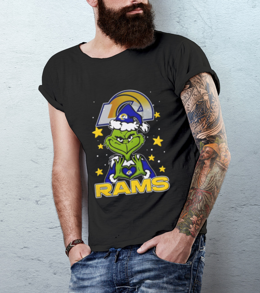 Los Angeles Rams Grinch Santa Hat Christmas Cartoon Fan Gear T-Shirt