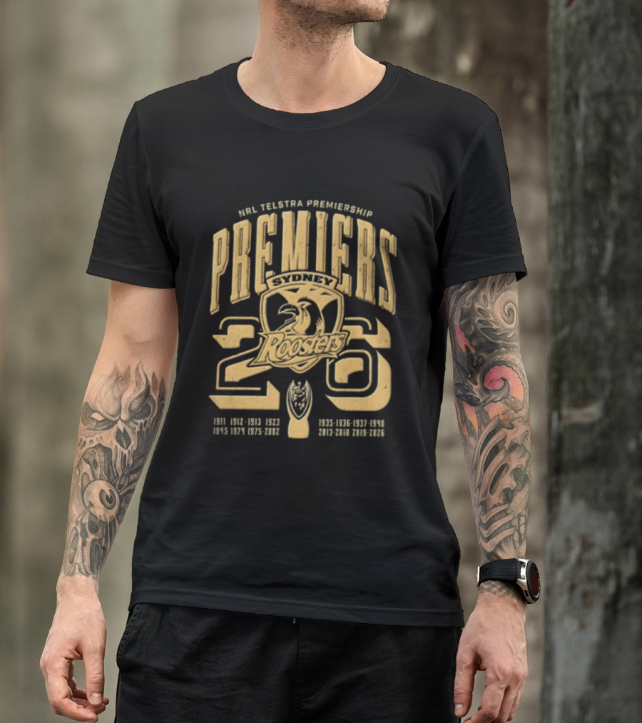 NRL Telstra Premiership Premiers Sydney Roosters 26 Champions History Roosters Gold T-Shirt