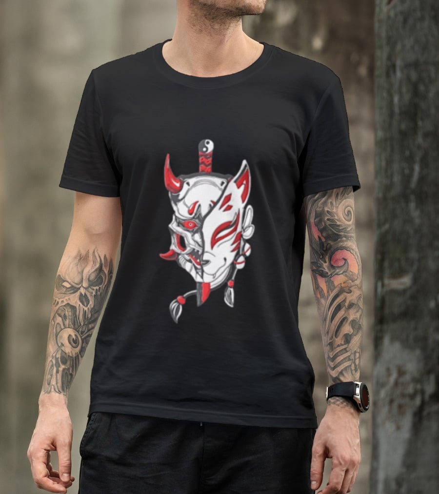 Oni Kitsune Mask Split Samurai Katana Fusion T-Shirt