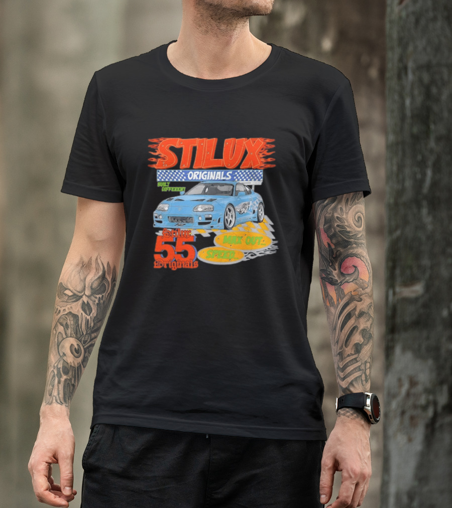 Stilux Originals Built Different Max Out Speed 55 Light Blue Sports Car Racing T-Shirt