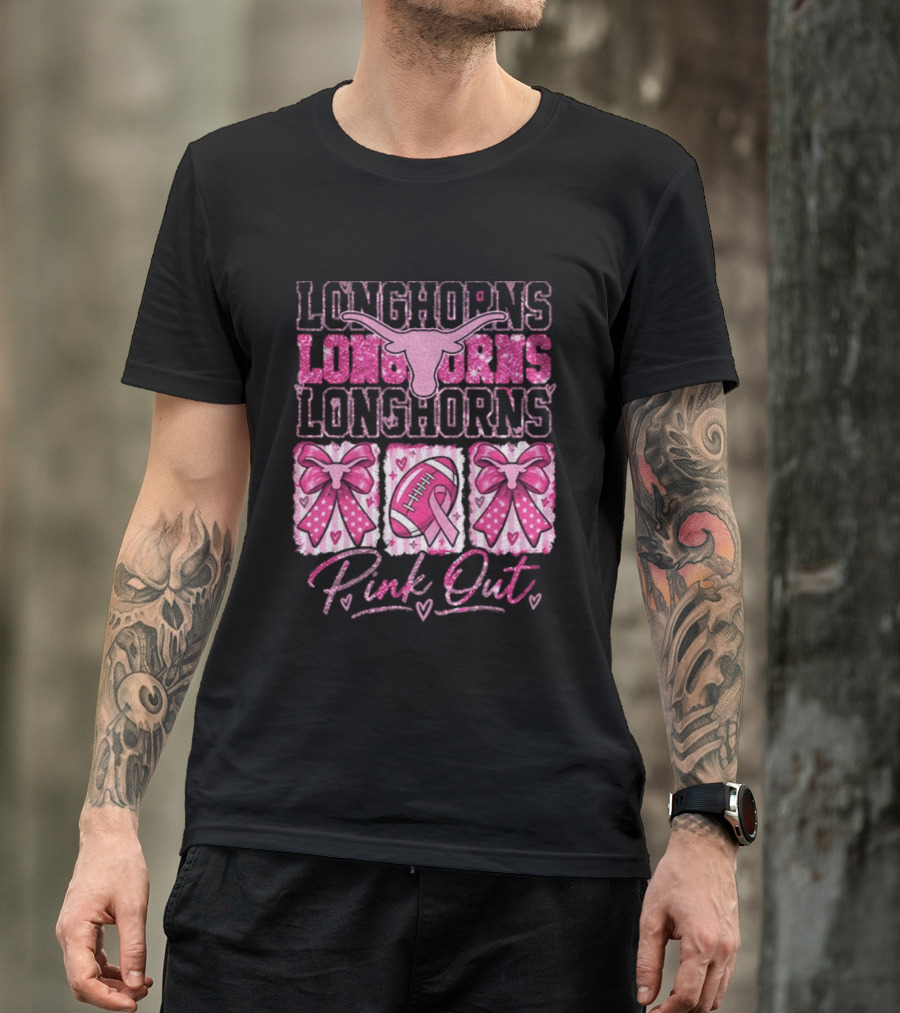 Longhorns Pink Out Breast Cancer Awareness Football Game Day Bows T-Shirt