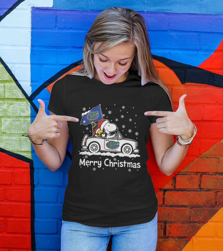Florida Gators Snoopy Woodstock Driving Car Merry Christmas 2026 Snowflakes T-Shirt