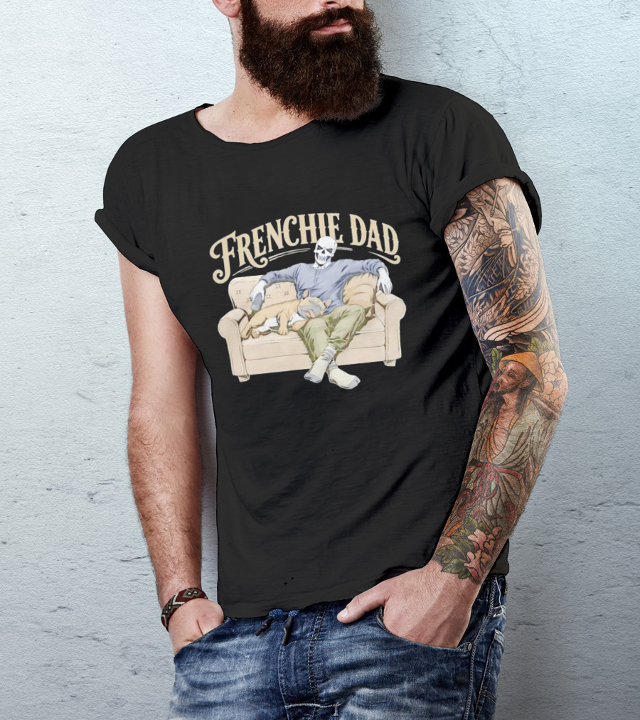 Frenchie Dad Skeleton With French Bulldog Relaxing On Couch T-Shirt