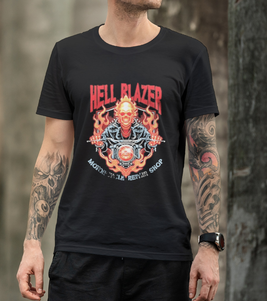 Hell Blazer Motorcycle Repair Shop Fiery Skull And Flames T-Shirt