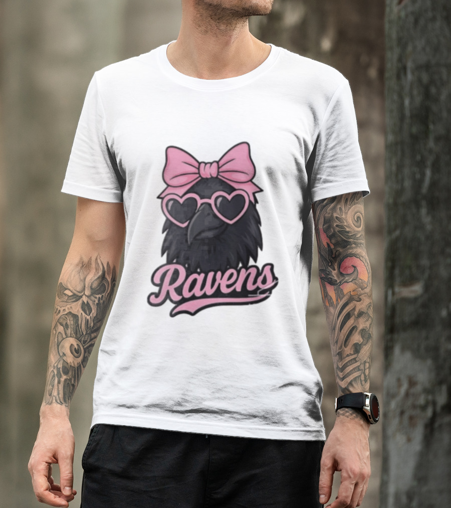 Ravens Raven Pink Bow Heart Sunglasses T-Shirt