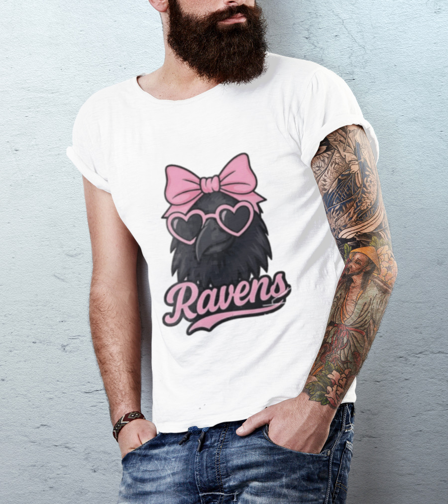 Ravens Raven Pink Bow Heart Sunglasses T-Shirt