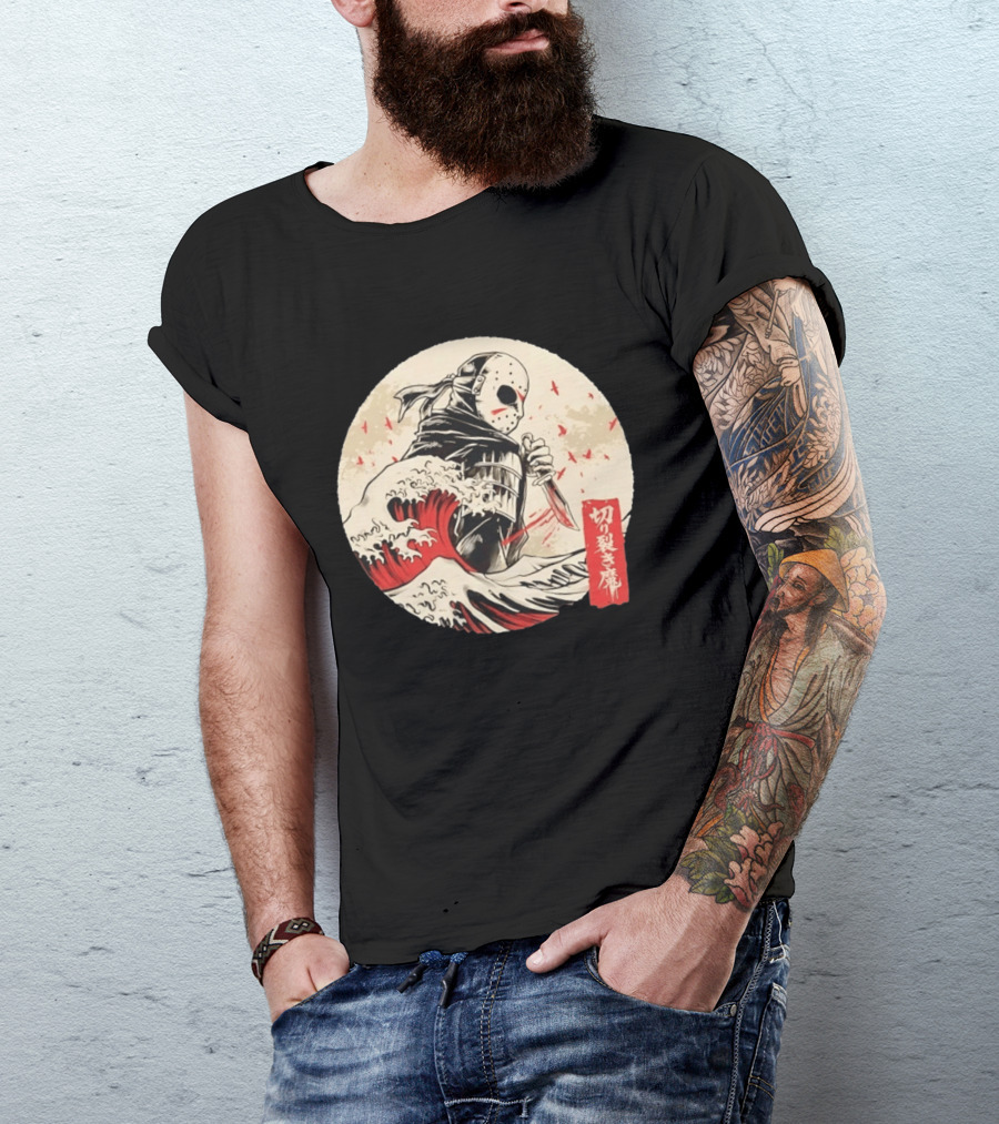 Jason Voorhees Samurai Katana Great Wave Horror Scene T-Shirt