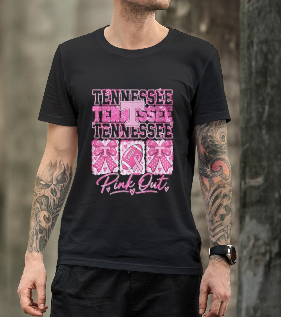 Tennessee Volunteers Pink Out Breast Cancer Awareness Game Day Football Bow Ribbons T-Shirt