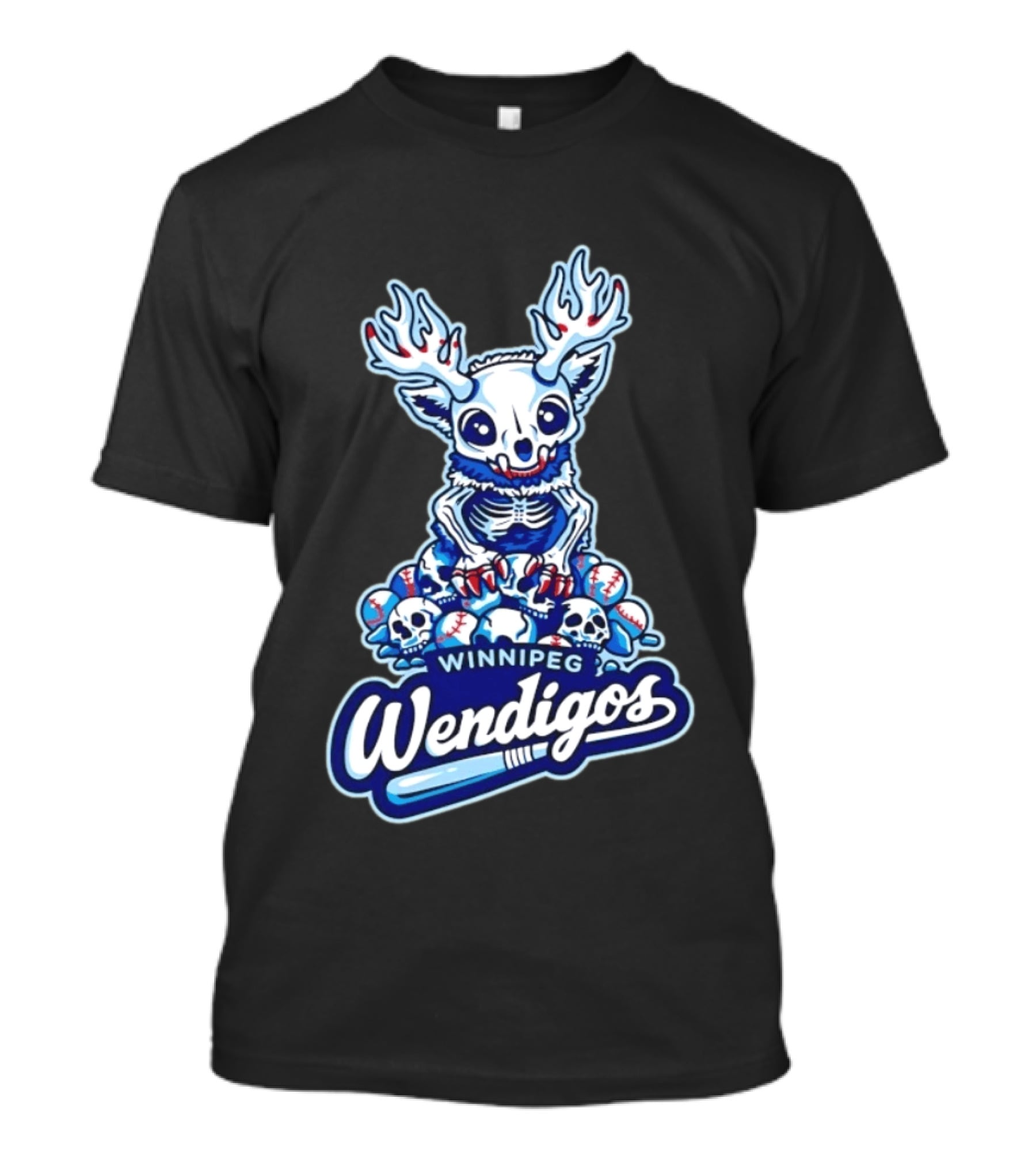 Winnipeg Wendigos Baseball Skull With Antlers And Blue Bats T-Shirt