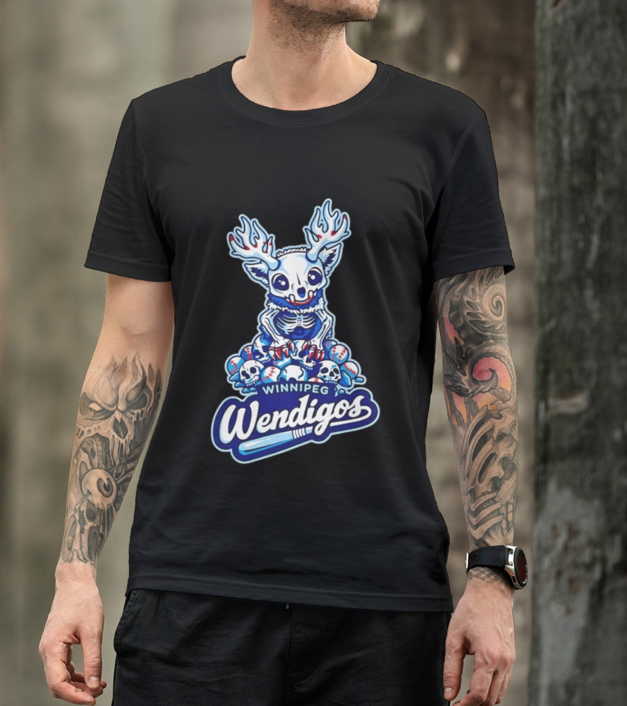 Winnipeg Wendigos Baseball Skull With Antlers And Blue Bats T-Shirt