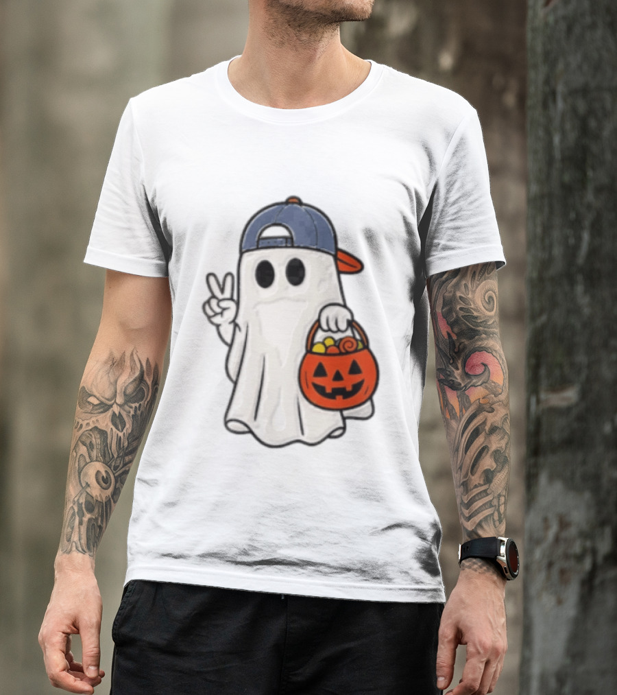 Ghost In Cap With Peace Sign Holding Pumpkin Bucket Halloween T-Shirt