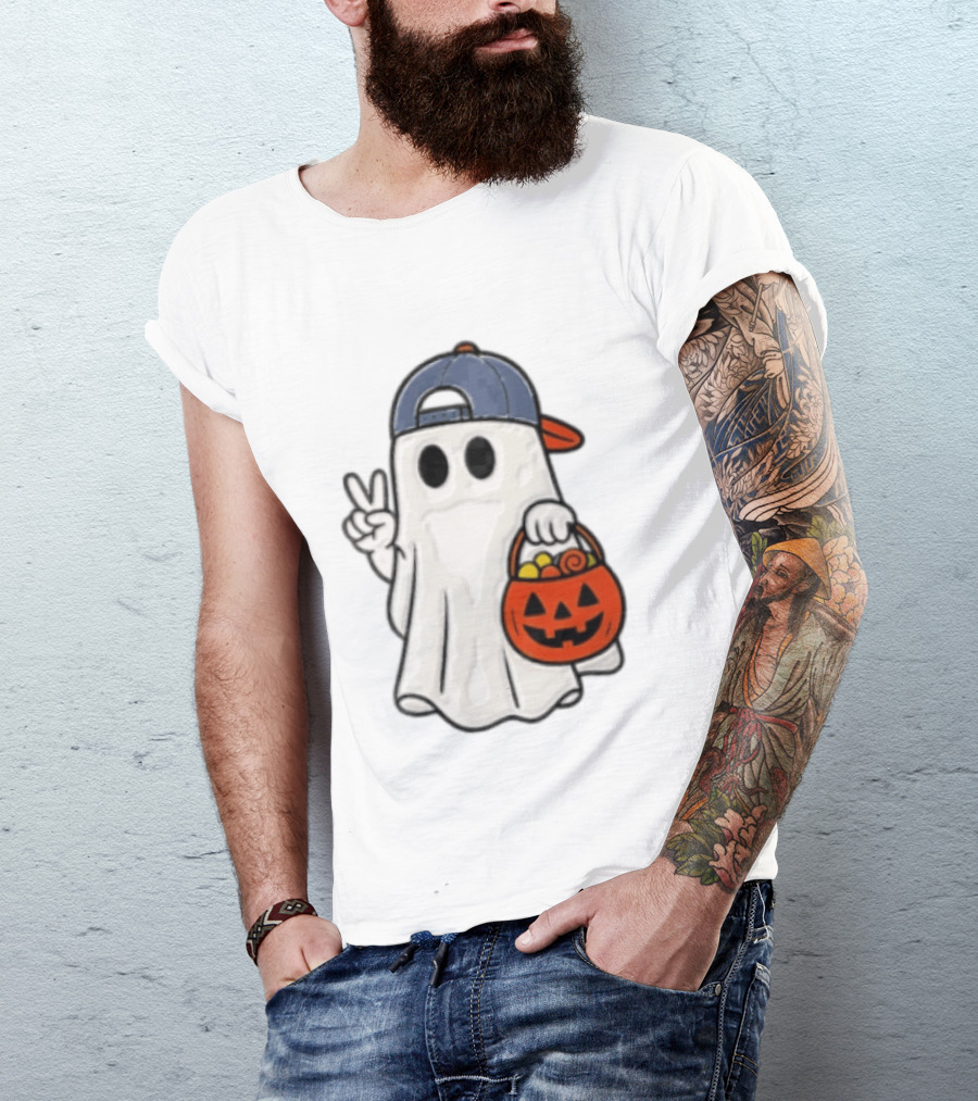 Ghost In Cap With Peace Sign Holding Pumpkin Bucket Halloween T-Shirt