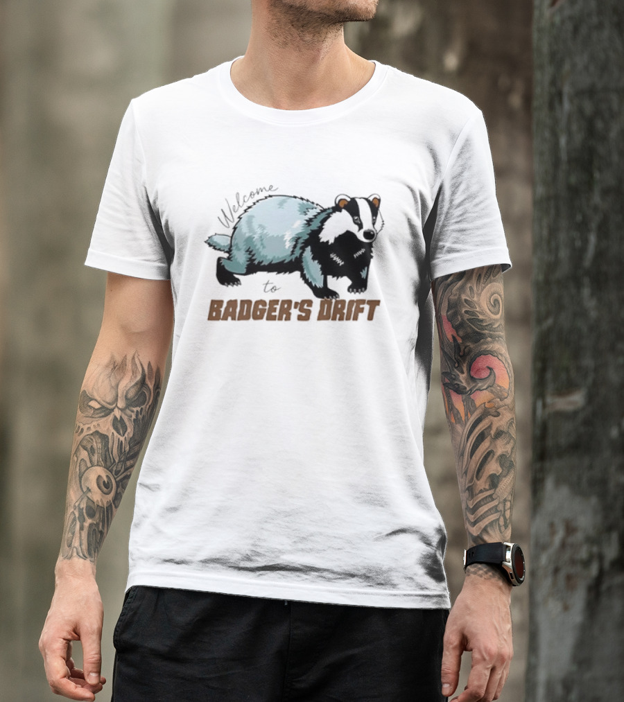 Welcome To Badger's Drift Cartoon Badger Walking Black And White Fur T-Shirt