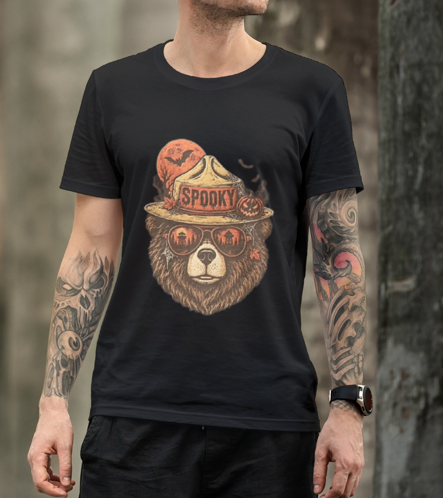 Smokey Bear Spooky Halloween Fire Lookout Forest Ranger Pumpkin Bats T-Shirt