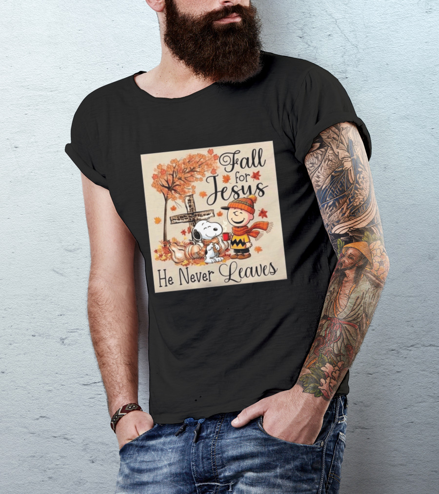 Charlie Brown Snoopy Fall For Jesus He Never Leaves Autumn Scene T-Shirt