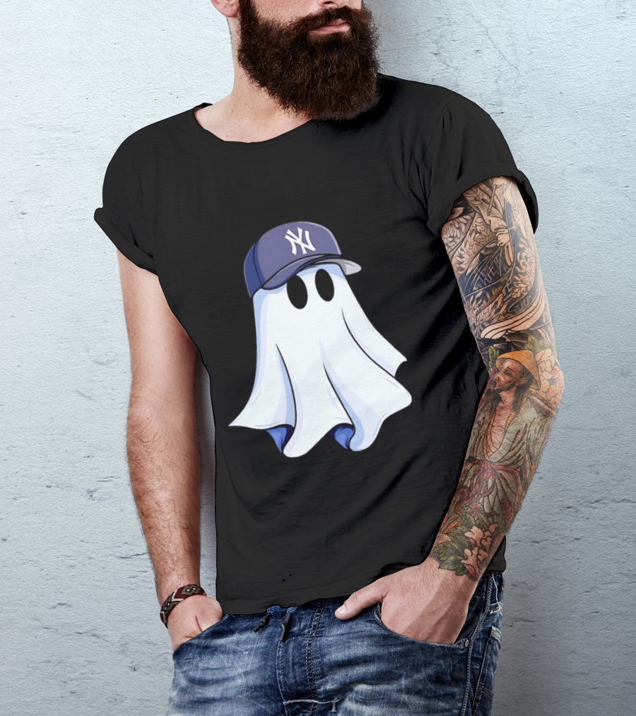 New York Yankees MLB Ghost Baseball Cap Halloween T-Shirt