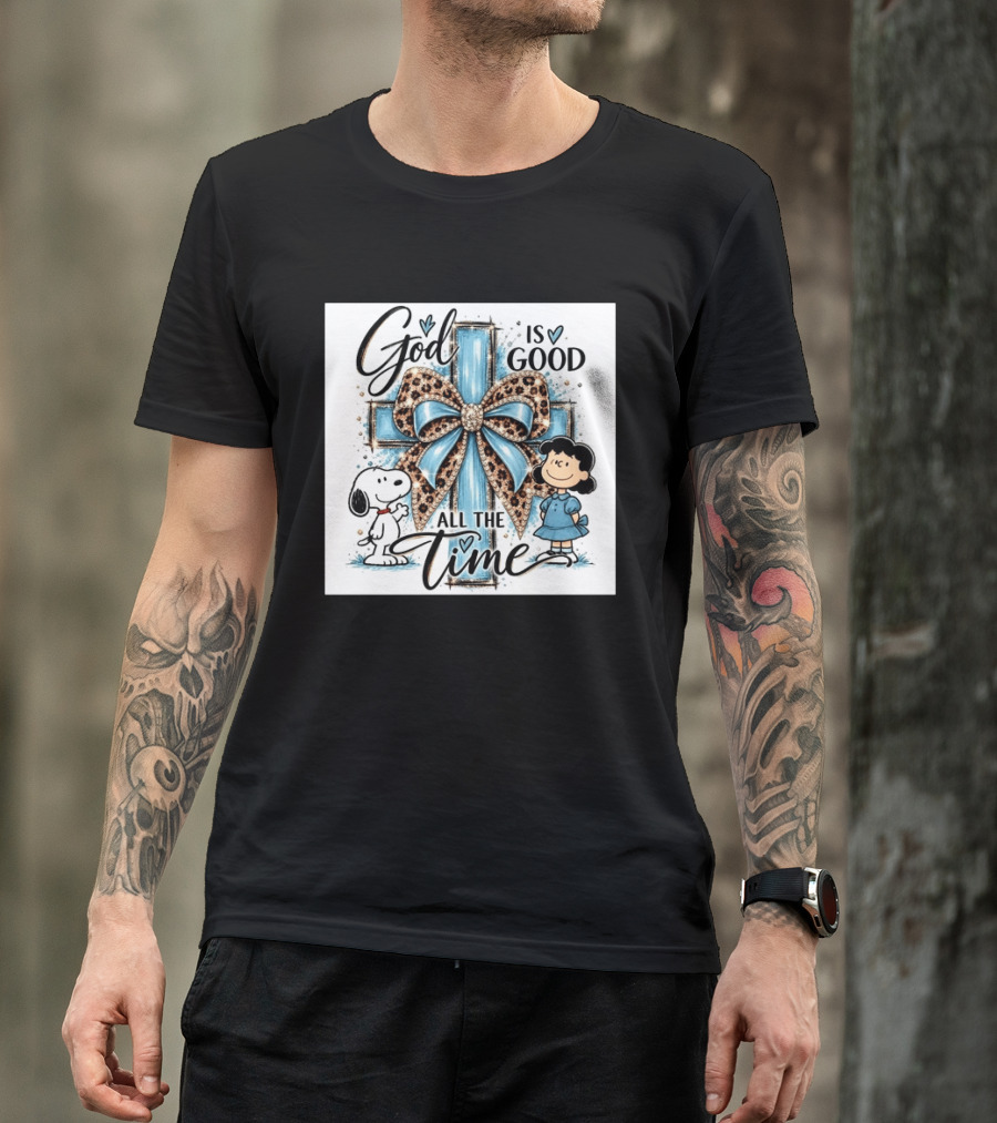 Snoopy And Lucy God Is Good All The Time Blue Cross And Leopard Bow T-Shirt