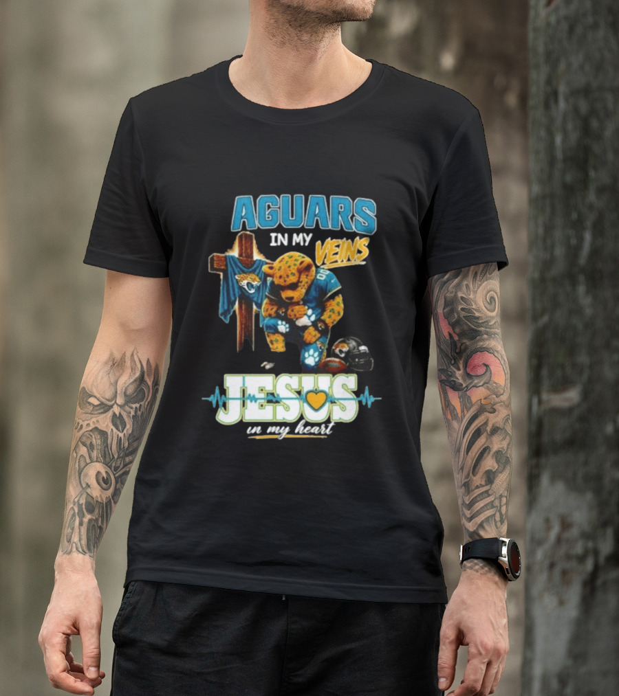 Jaguars In My Veins Jesus In My Heart Jacksonville Jaguars Football Fan Faith T-Shirt