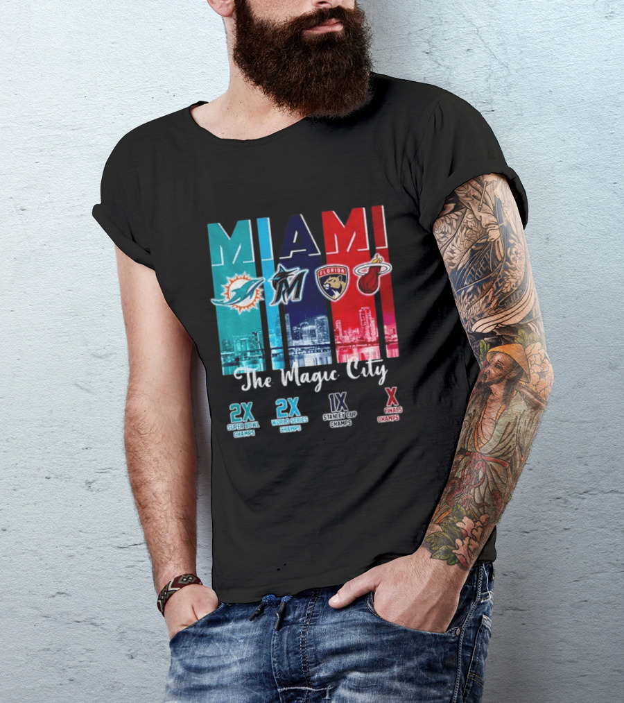 MIAMI The Magic City Dolphins Marlins Panthers Heat Champs T-Shirt