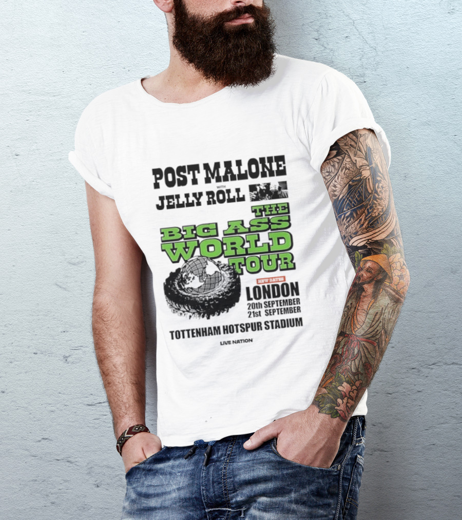 Post Malone Jelly Roll Live Nation The Big Ass World Tour London Tottenham Hotspur Stadium 2023 T-Shirt