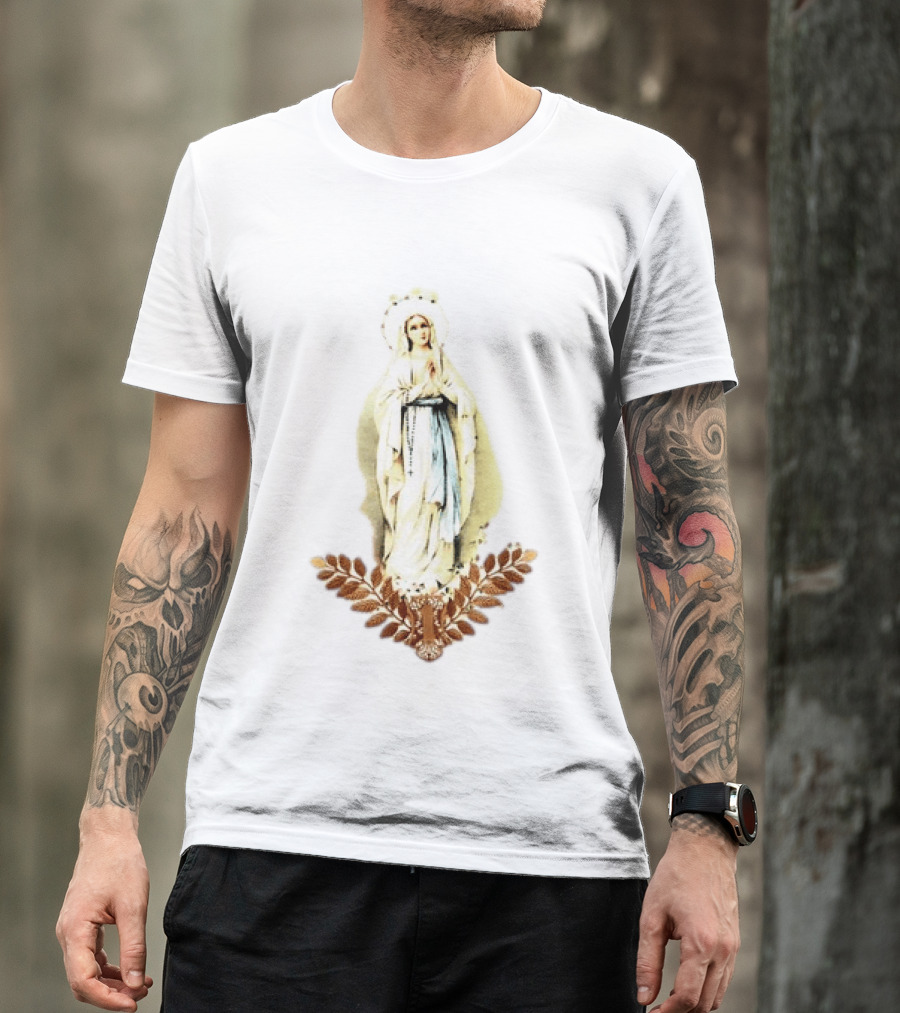 Virgin Mary Rosary Prayer Gold Leaves T-Shirt
