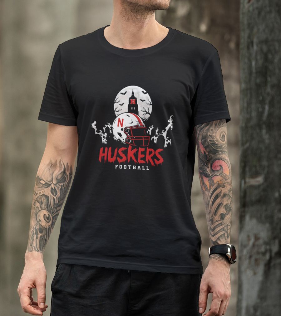 Nebraska Huskers Football Halloween Spooky Helmet Bats Moon 2026 T-Shirt