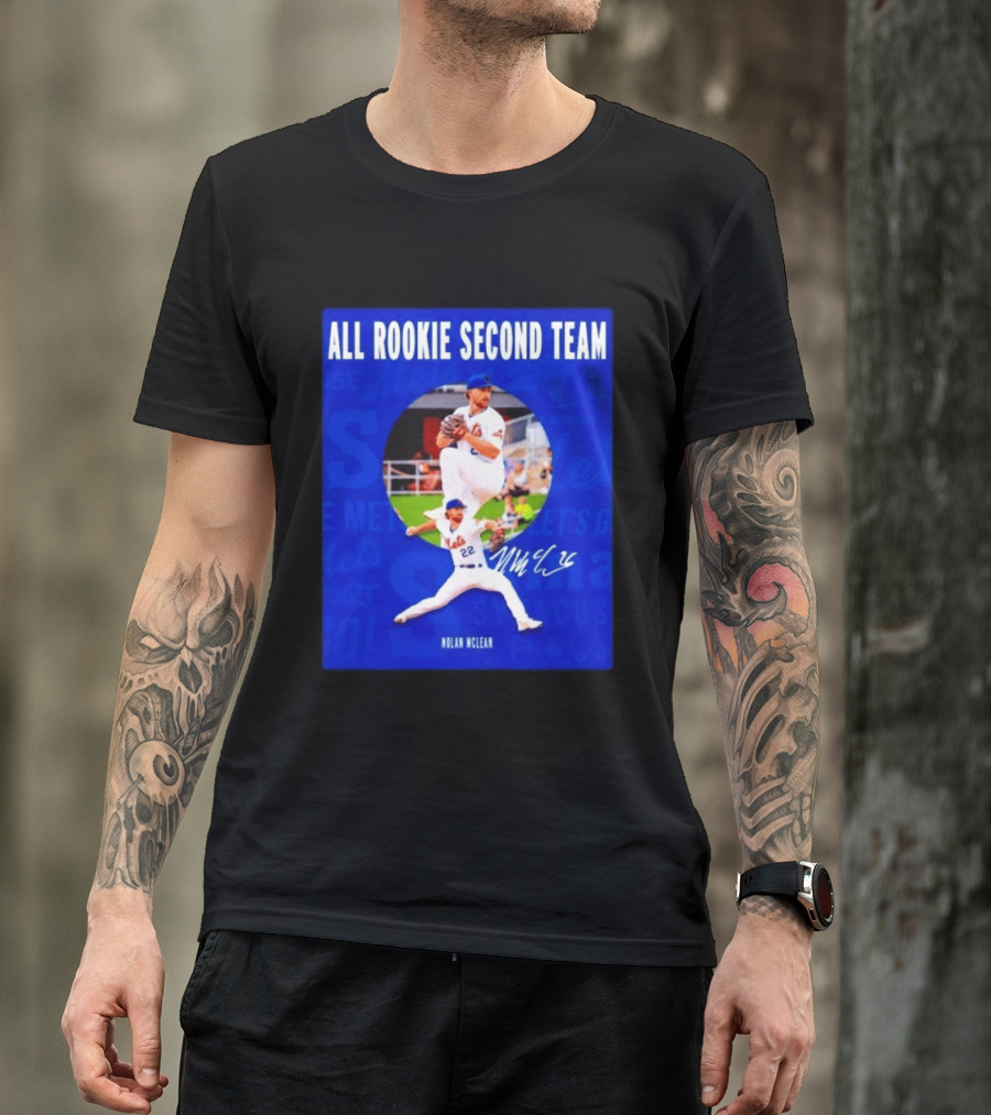 Nolan McLean No 22 Mets All Rookie Second Team Signature Pitching Action T-Shirt