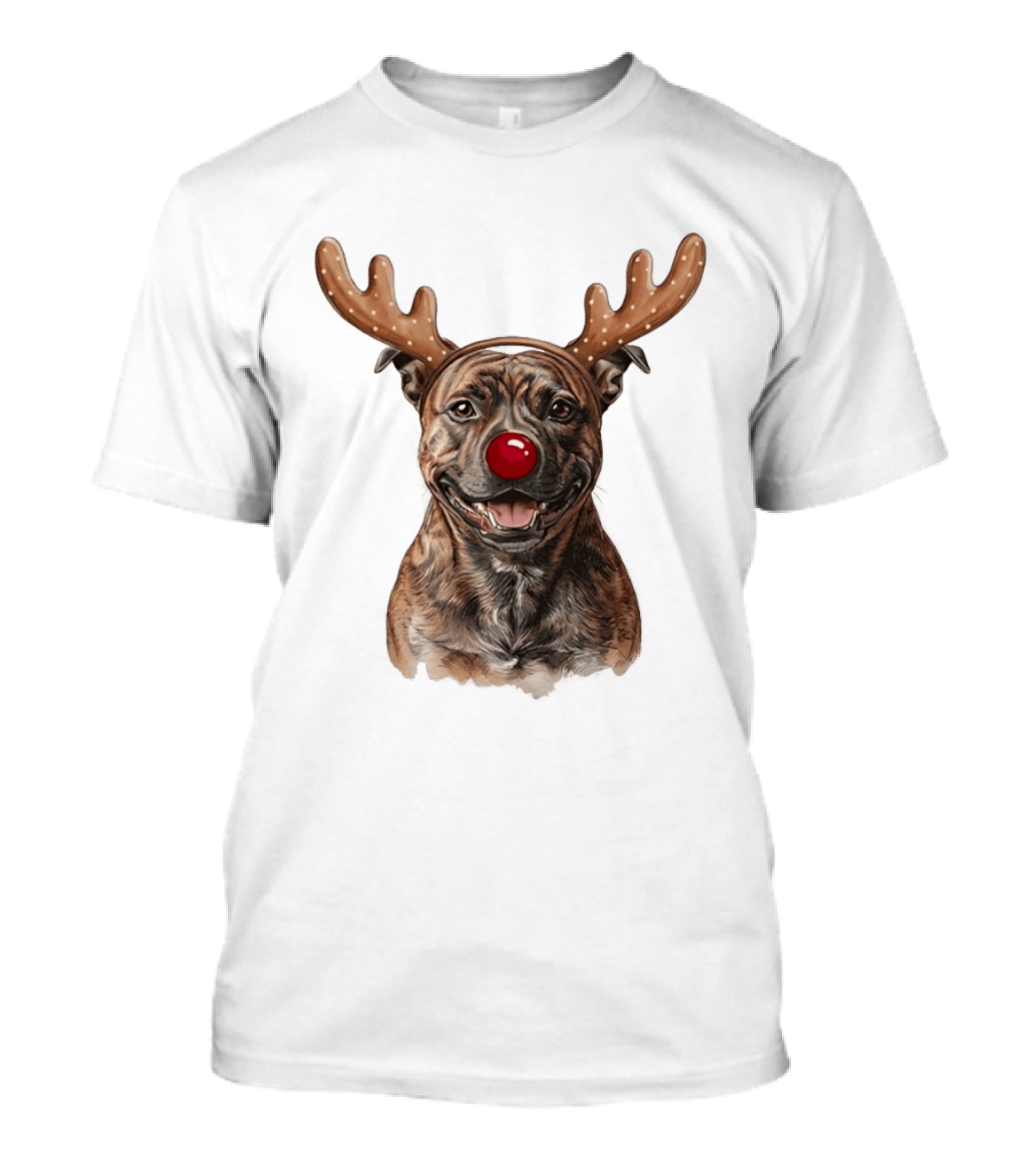Brindle Pit Bull With Reindeer Antlers And Red Nose T-Shirt