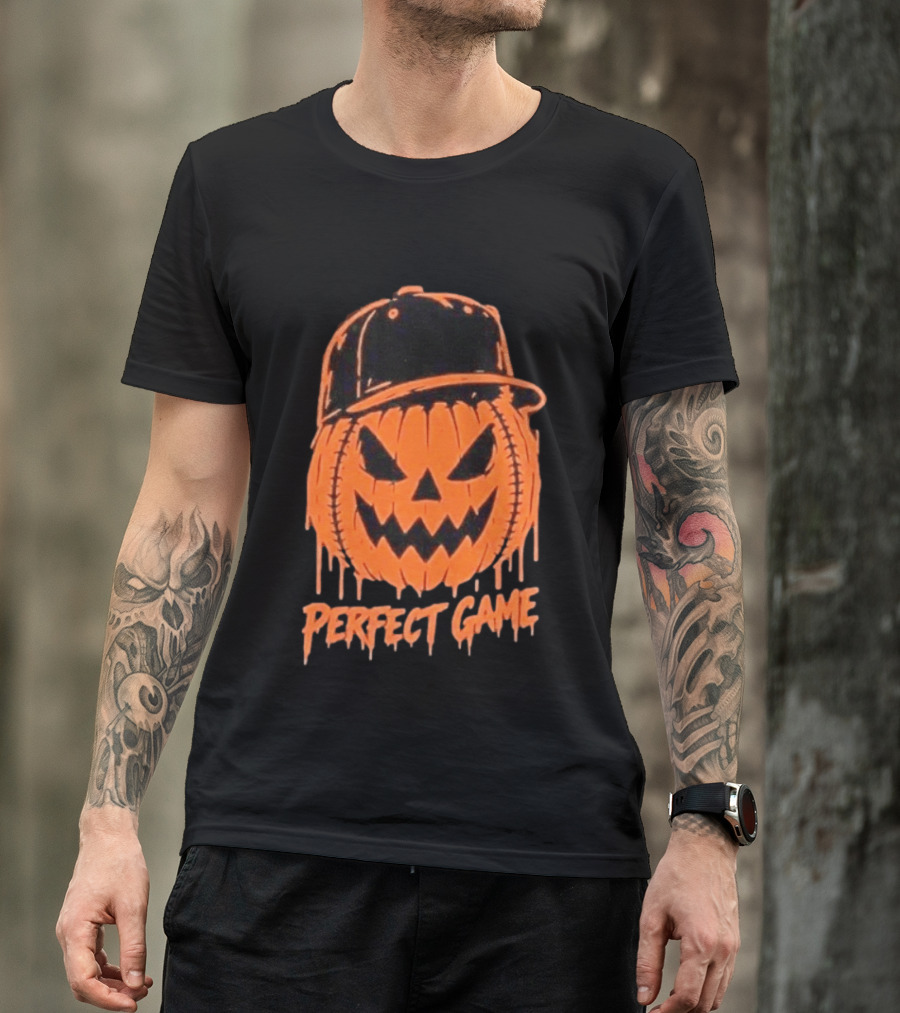 Perfect Game Halloween Pumpkin Baseball Hat Creepy Face T-Shirt