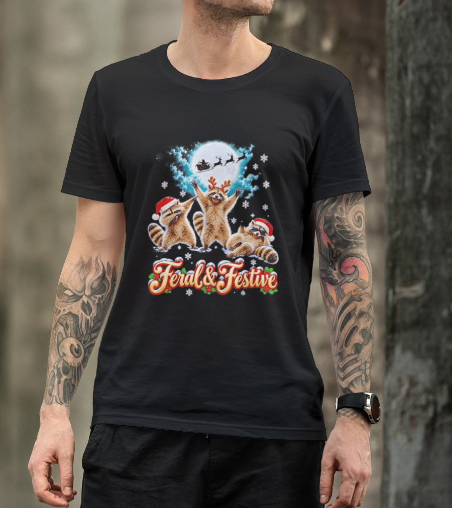 Feral And Festive Raccoons Christmas Holiday Santa And Reindeer T-Shirt
