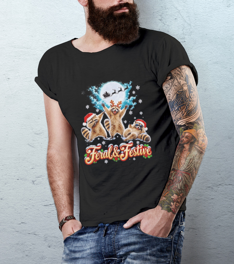 Feral And Festive Raccoons Christmas Holiday Santa And Reindeer T-Shirt