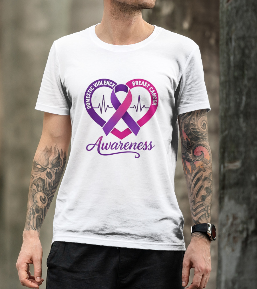 Domestic Violence And Breast Cancer Awareness Heart Ribbon Purple Pink T-Shirt