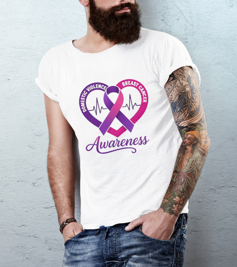 Domestic Violence And Breast Cancer Awareness Heart Ribbon Purple Pink T-Shirt