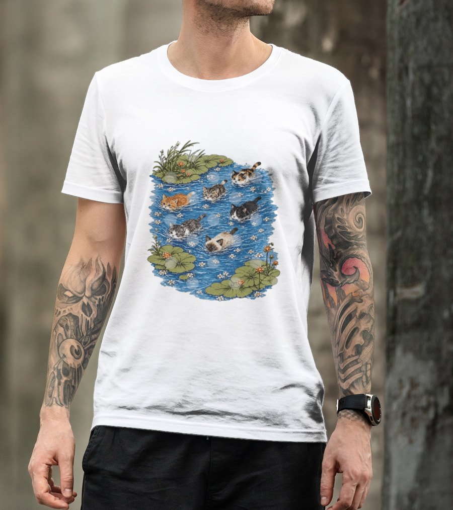 Kittens Swimming Among Water Lilies In Pond Scene T-Shirt