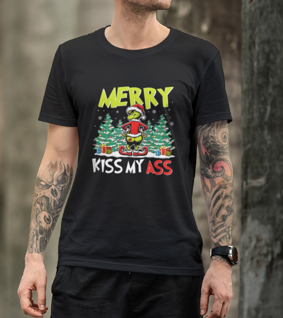 Merry Kiss My Ass Grinch Santa Outfit Mooning Christmas Trees And Gifts T-Shirt