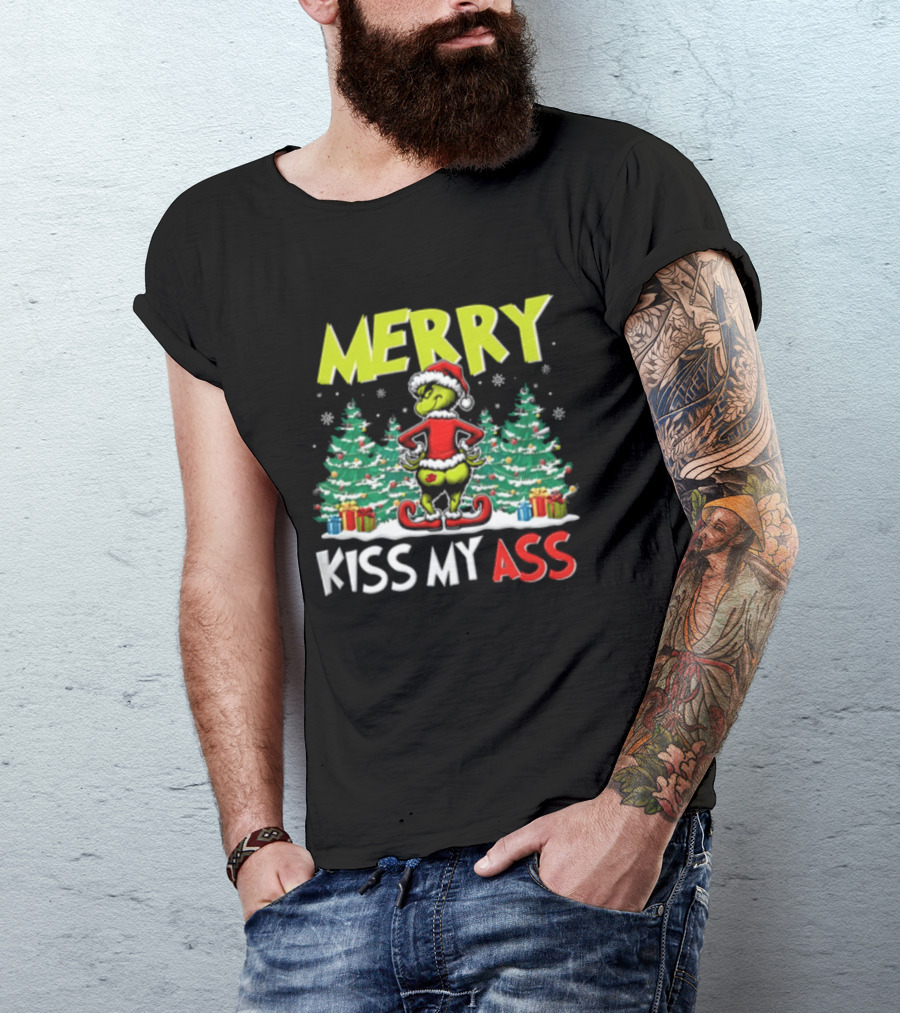 Merry Kiss My Ass Grinch Santa Outfit Mooning Christmas Trees And Gifts T-Shirt