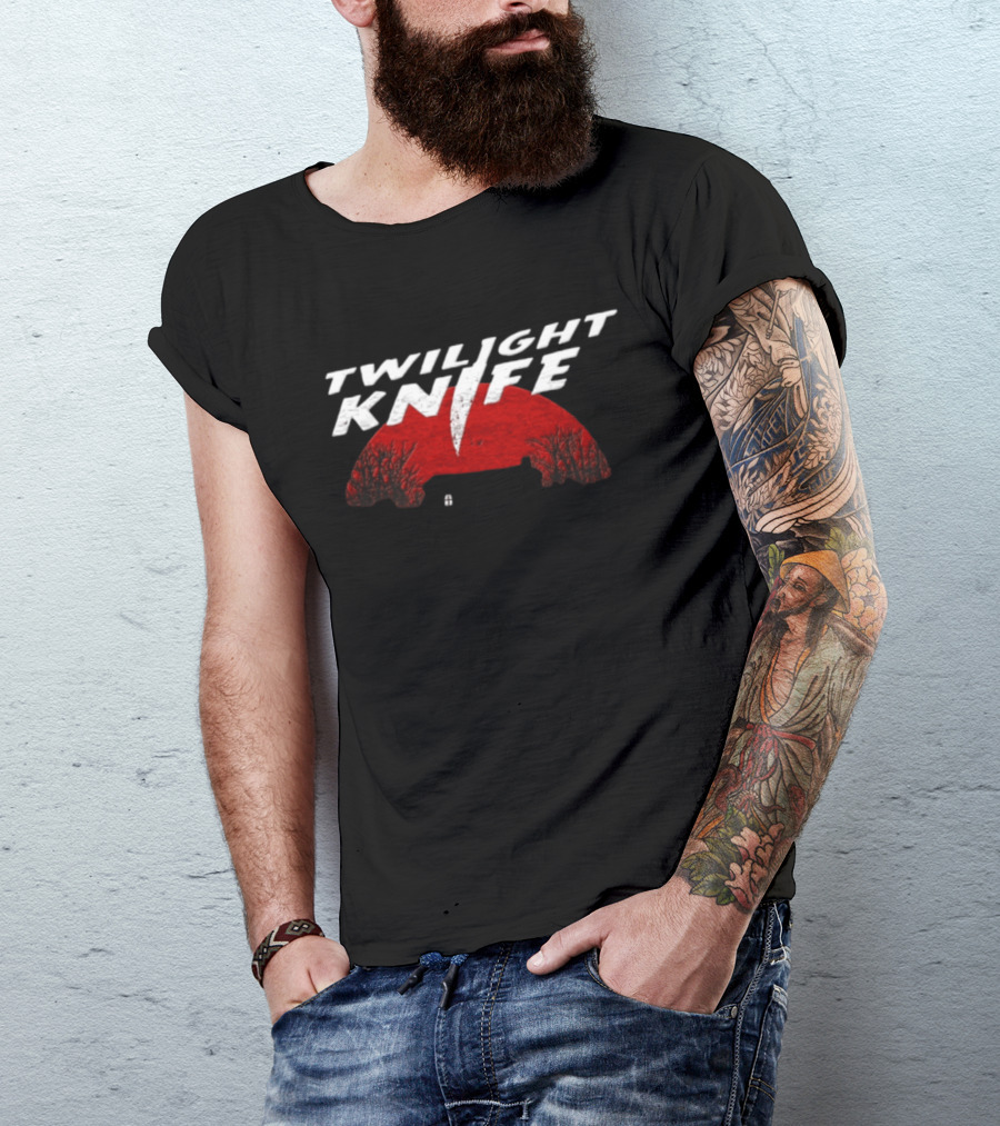 Twilight Knife Red Moon With Trees And House T-Shirt