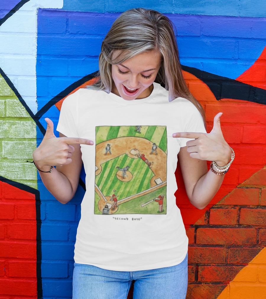 Second Base Baseball Cartoon Humor Action Play Scene T-Shirt