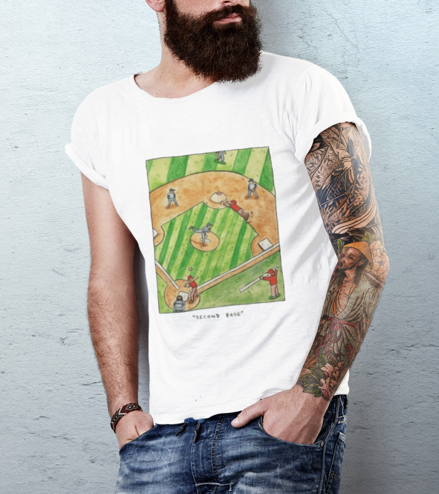 Second Base Baseball Cartoon Humor Action Play Scene T-Shirt