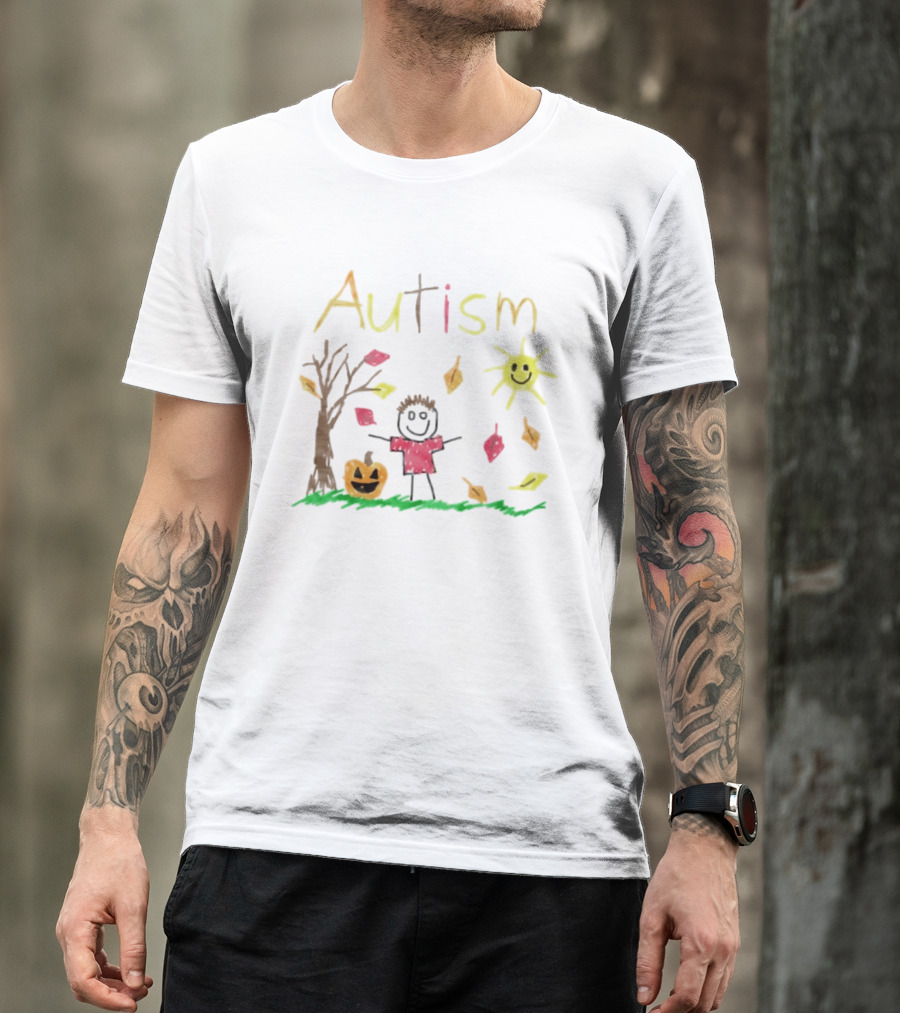 Autism Awareness Child With Pumpkin Autumn Leaves Sun And Tree T-Shirt