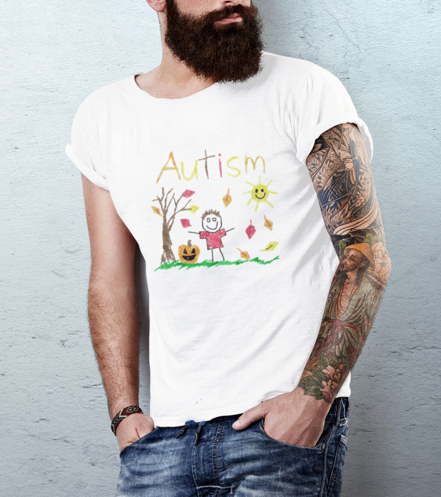 Autism Awareness Child With Pumpkin Autumn Leaves Sun And Tree T-Shirt