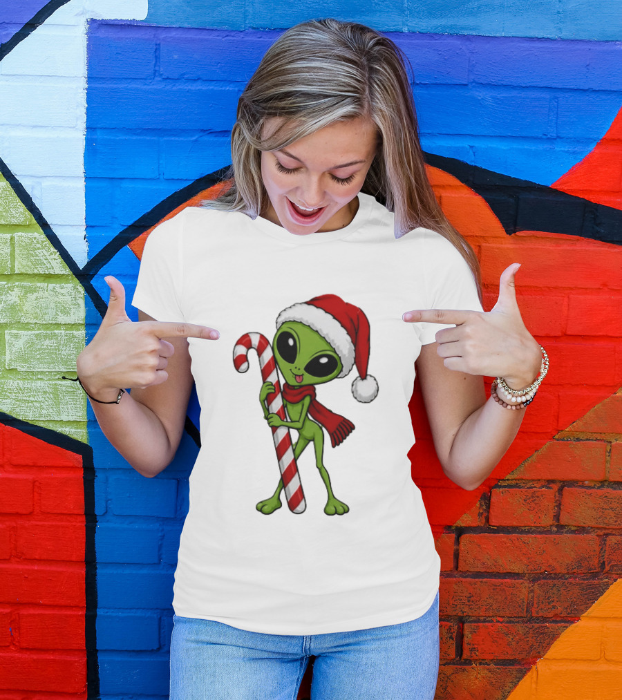 Green Santa Hat Alien With Red Scarf Holding Candy Cane Christmas T-Shirt