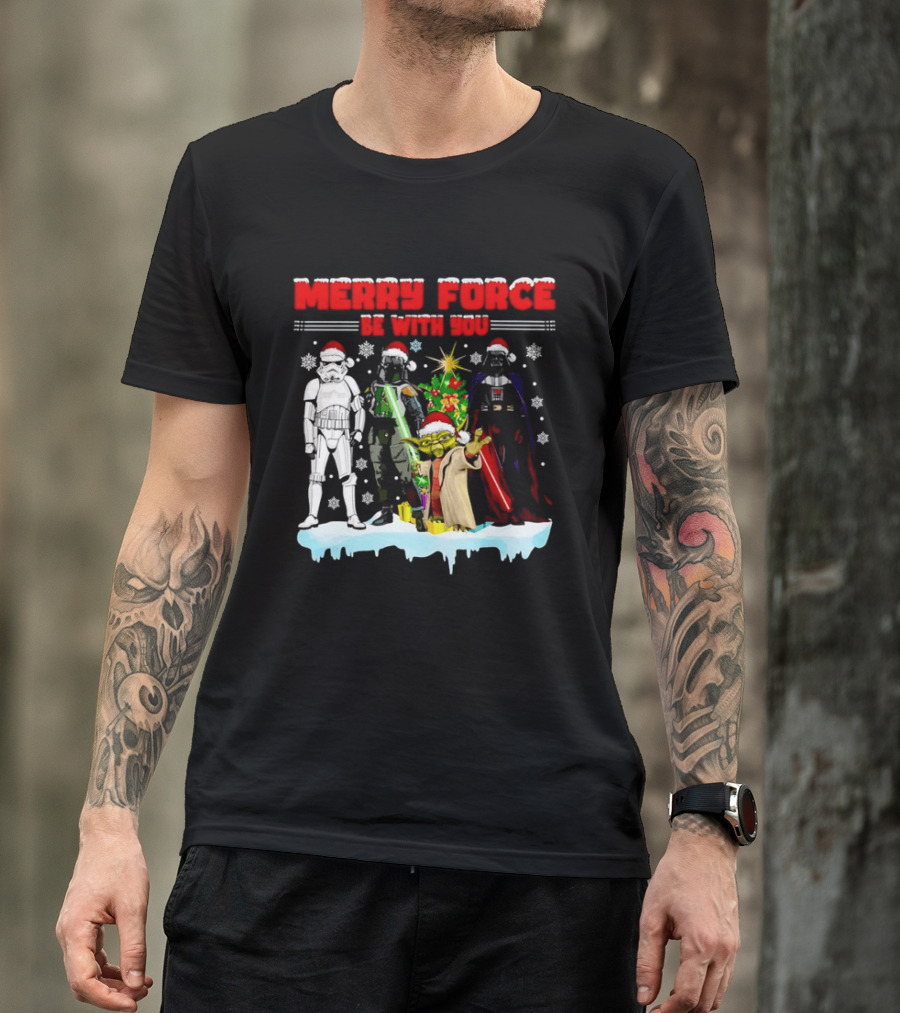Star Wars Merry Force Be With You Christmas Characters Stormtrooper Yoda Darth Vader Santa Hats T-Shirt
