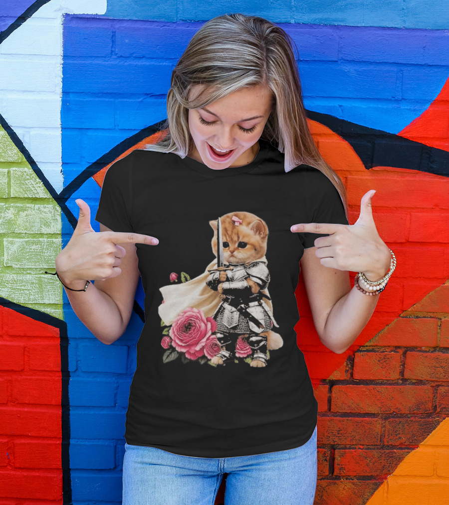 Knight Cat Holding Sword With Roses T-Shirt