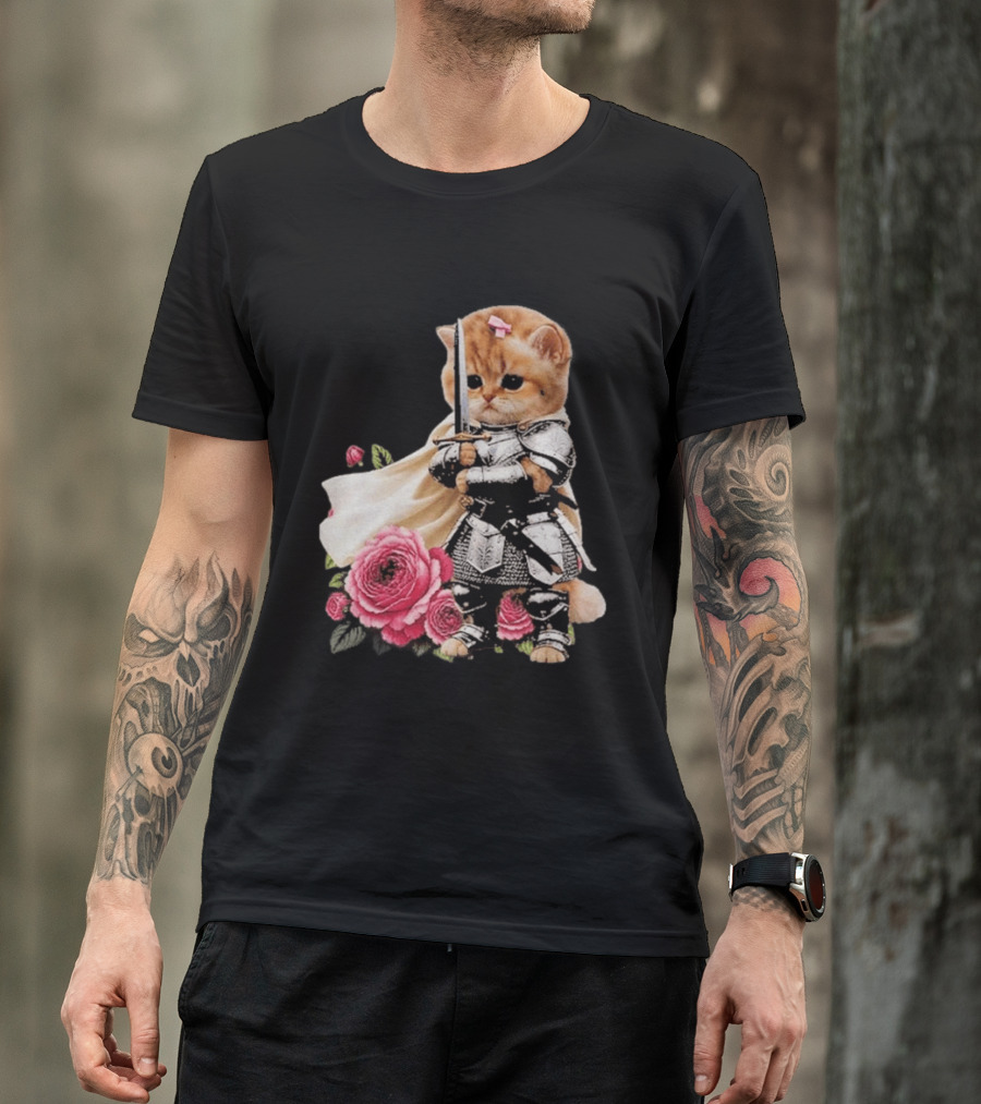 Knight Cat Holding Sword With Roses T-Shirt