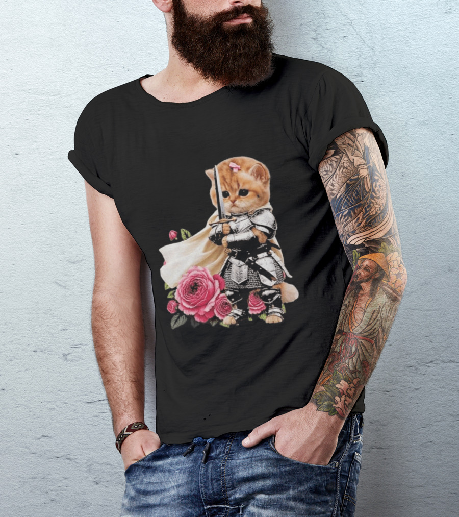Knight Cat Holding Sword With Roses T-Shirt