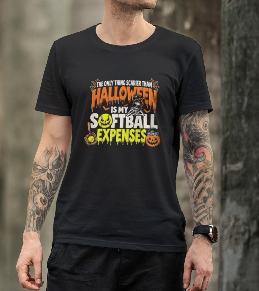 The Only Thing Scarier Than Halloween Is My Softball Expenses Skeletal Humor With Pumpkins T-Shirt