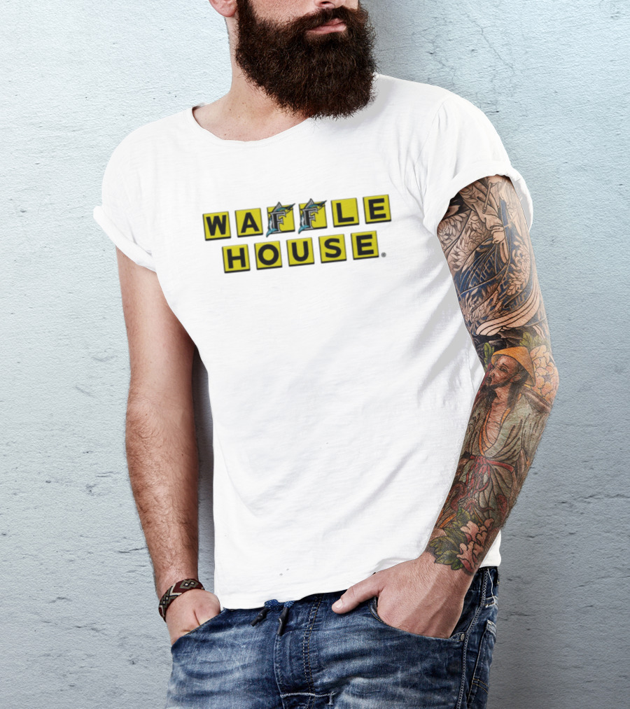 Waffle House Miami Marlins Fish Letters Yellow Blocks T-Shirt