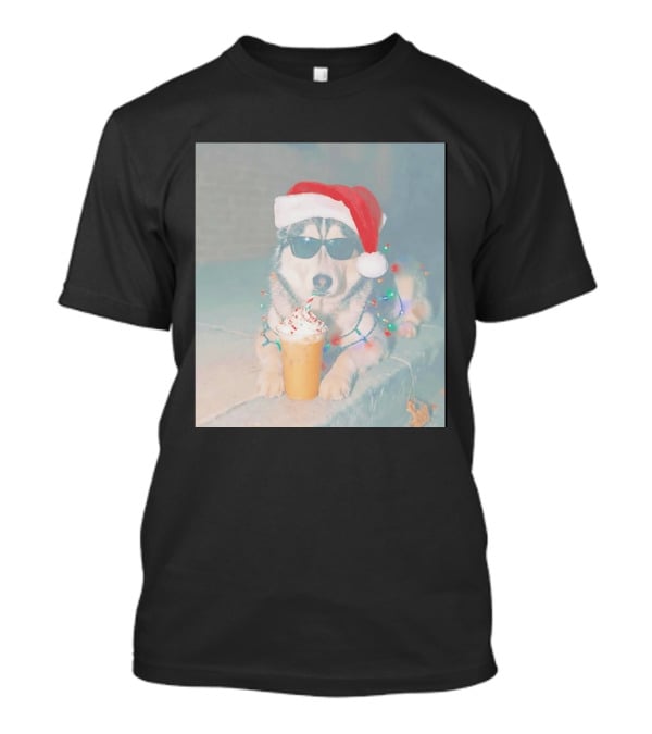 Husky Dog Santa Hat Sunglasses Christmas Lights And Holiday Drink T-Shirt