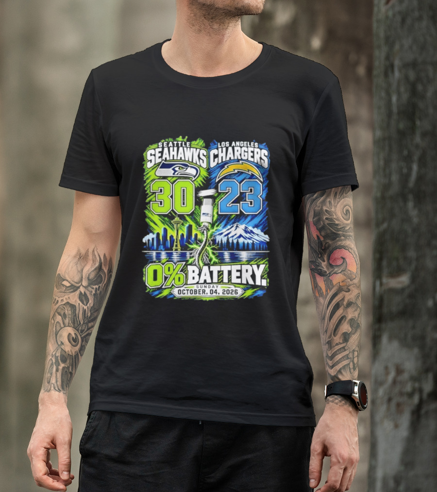Seattle Seahawks Vs Los Angeles Chargers 30 23 Game 0% Battery October 4 2026 T-Shirt